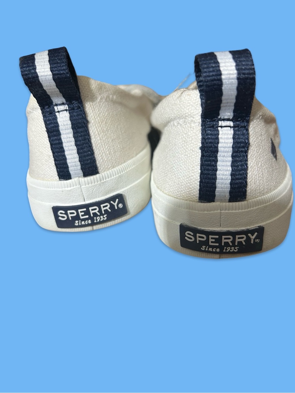 Sperry Kids White Canvas Slip-Ons with Navy Stripes